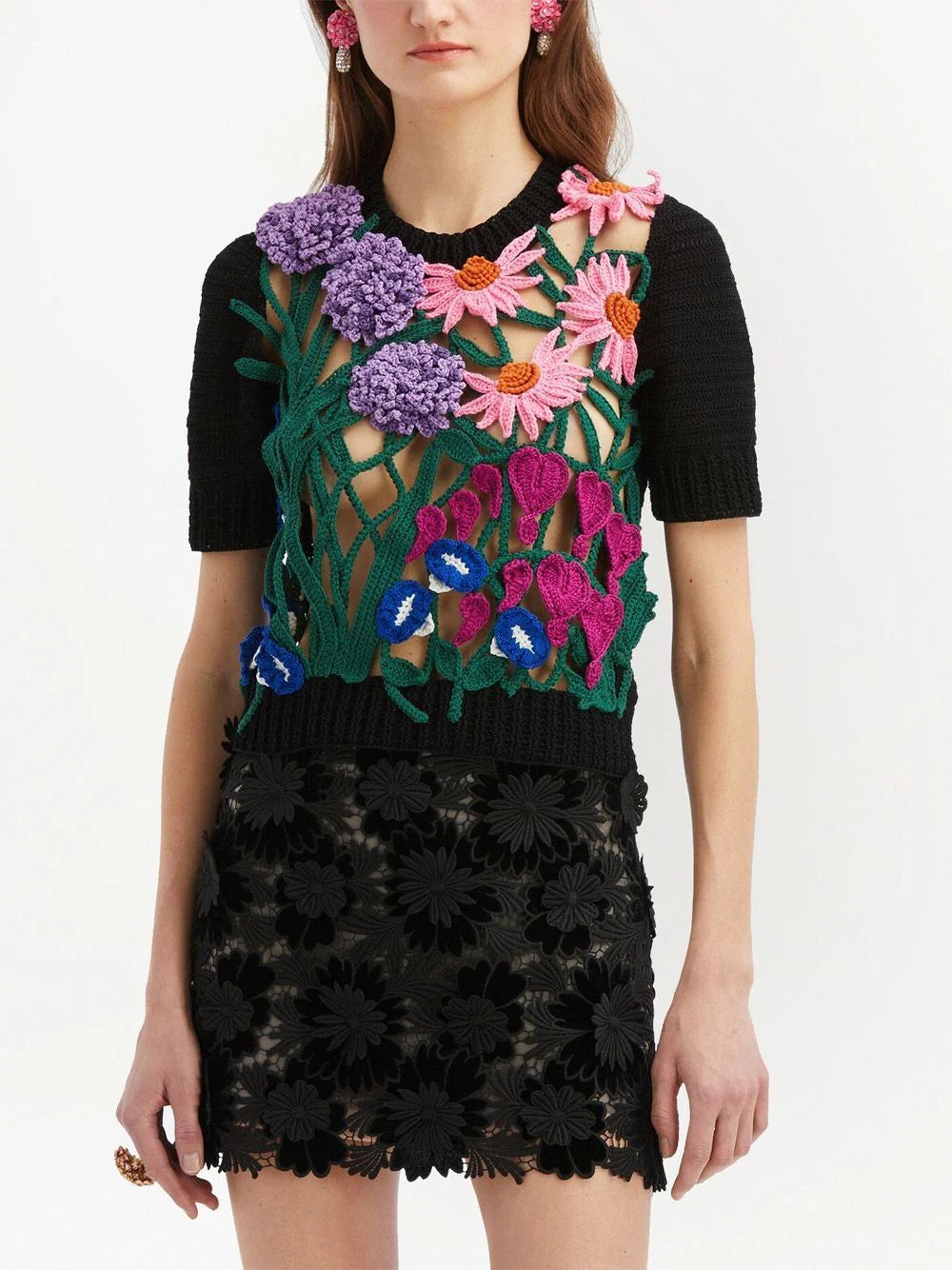 Floral-Embroidered Knitted Top - Black Multi