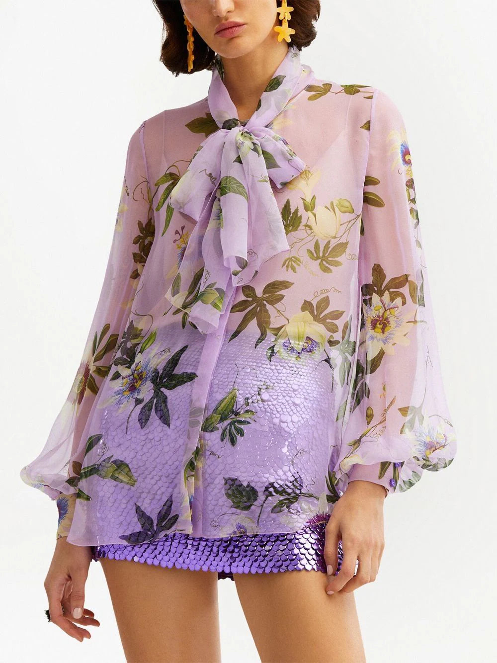 Passionflower tie-collar blouse - Lavender Purple