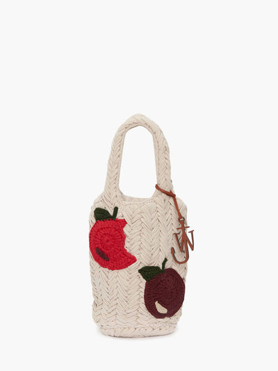KNITTED SHOPPER TOTE BAG WITH APPLE MOTIF - Beige Multi