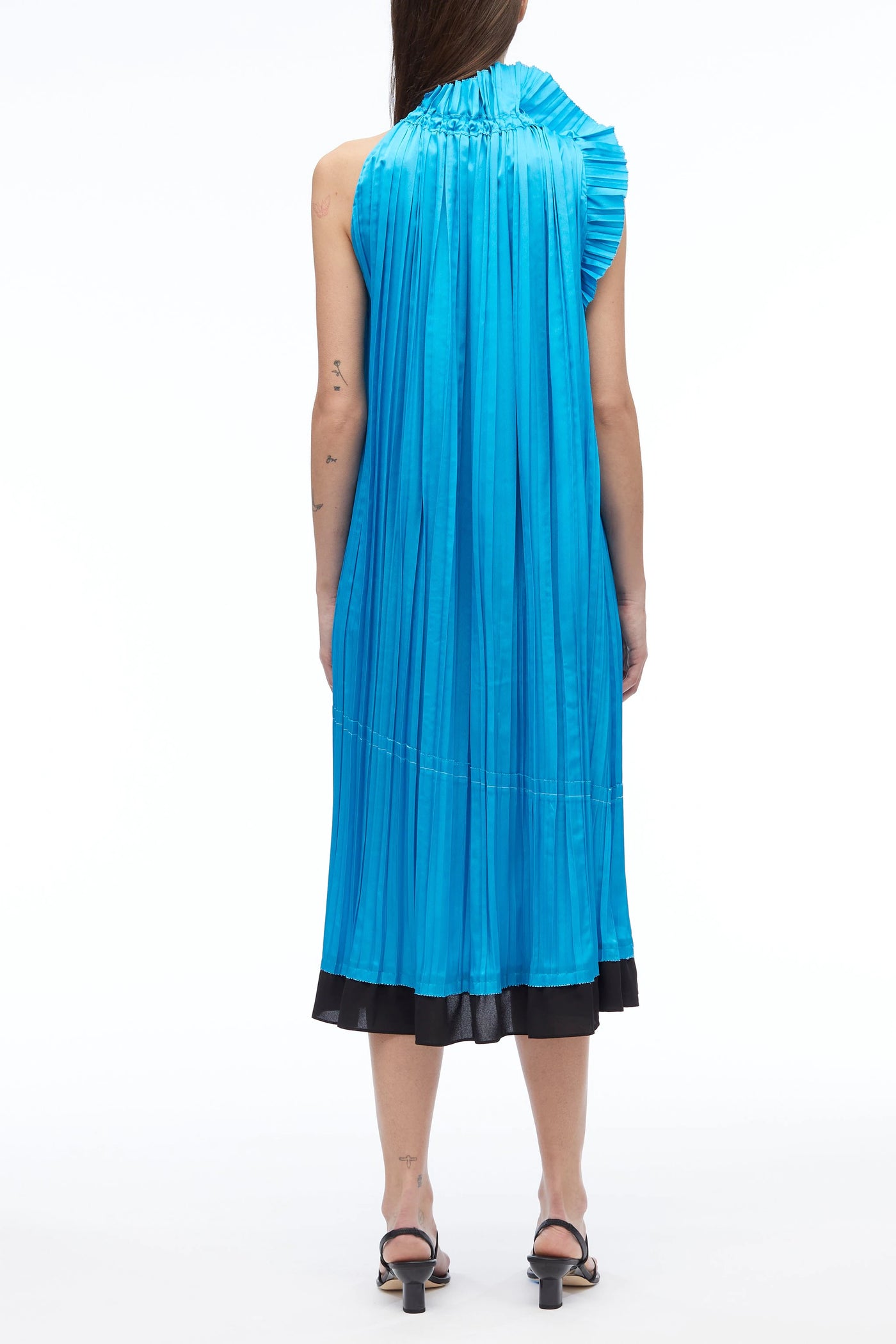 Pleated Satin Sleeveless Dress - Ocean Black