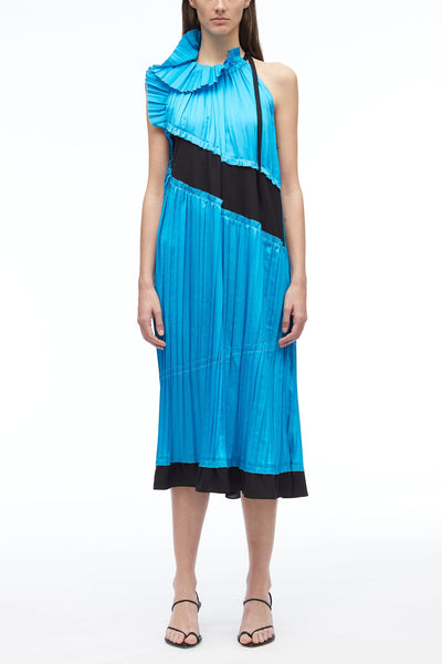Pleated Satin Sleeveless Dress - Ocean Black