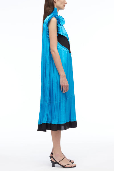 Pleated Satin Sleeveless Dress - Ocean Black