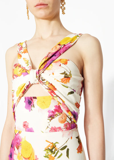 Twist Knot Dress In Printed Stretch Crepe - Floral Multi