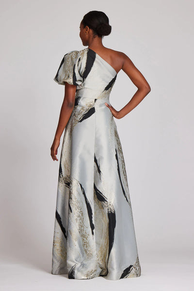 One Shoulder Gown In Abstract Print - Grey Multi