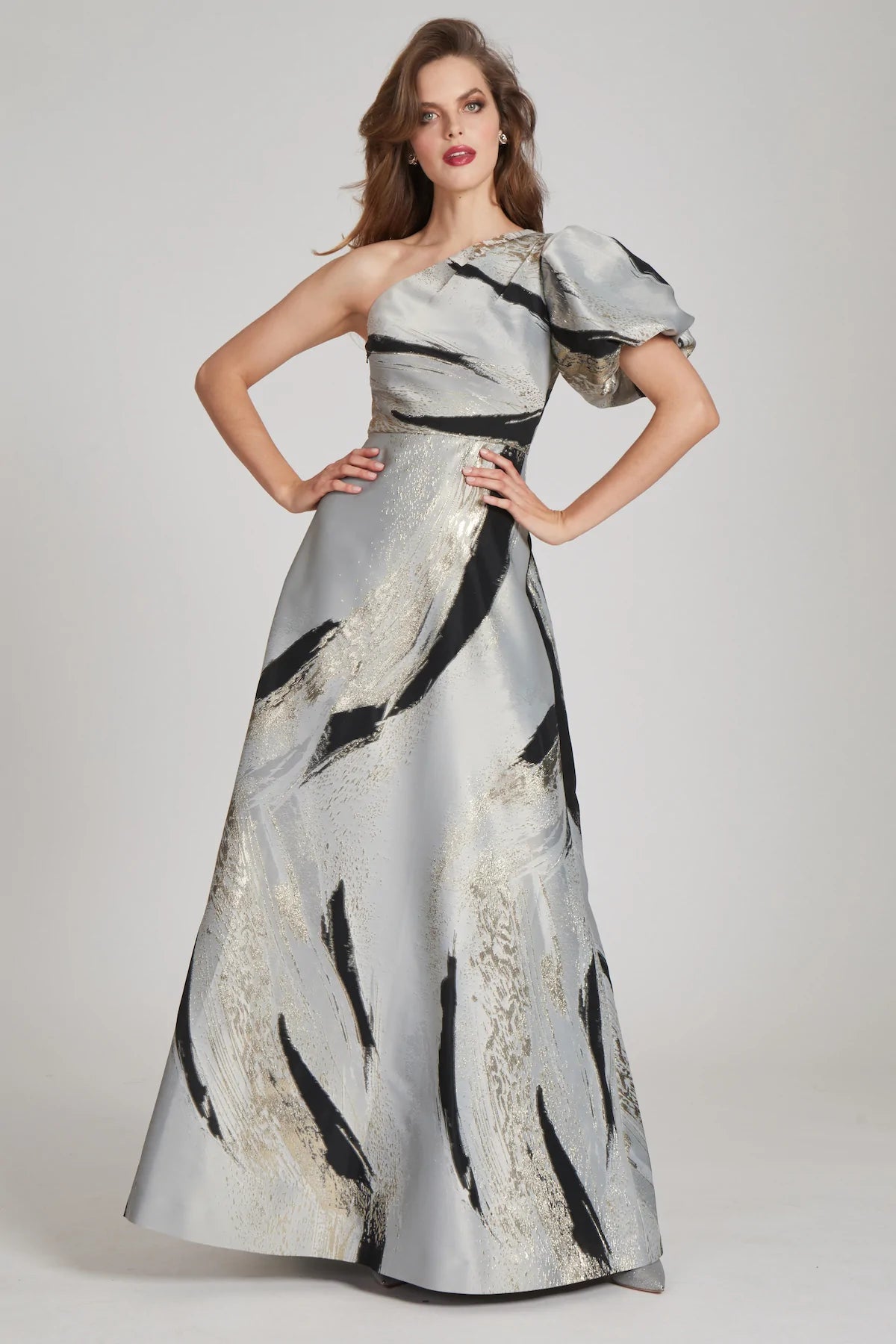 One Shoulder Gown In Abstract Print - Grey Multi