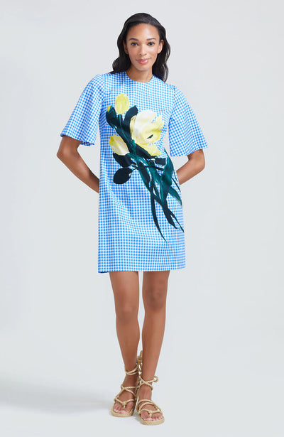 TULIP PRINTED GINGHAM TUNIC DRESS - Sky