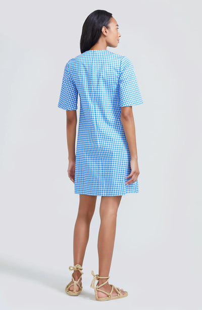 TULIP PRINTED GINGHAM TUNIC DRESS - Sky