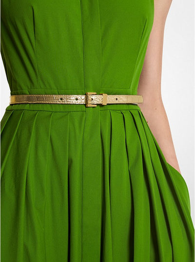 Metallic Crocodile Embossed Leather Trouser Belt - Gold