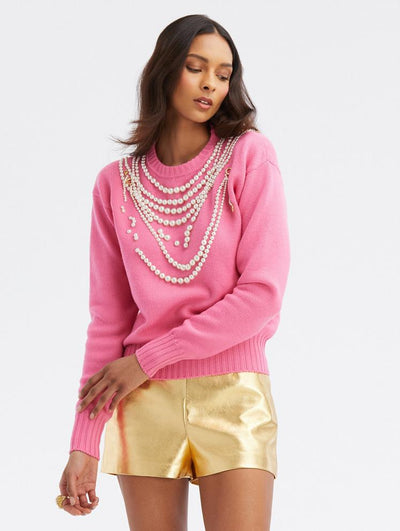 Pearl Embroidered Necklace Pullover - French Pink