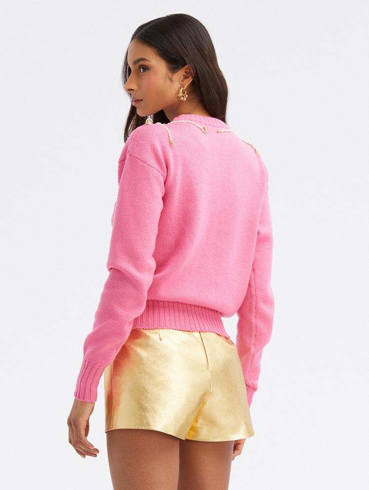 Pearl Embroidered Necklace Pullover - French Pink