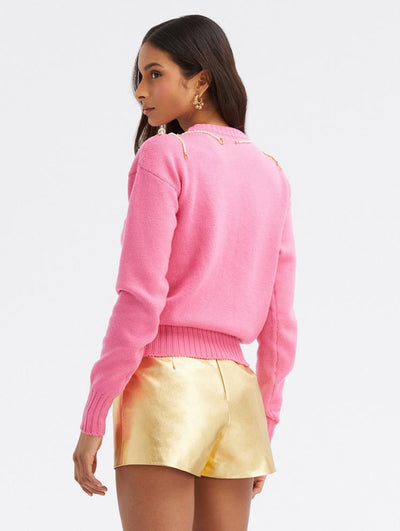 Pearl Embroidered Necklace Pullover - French Pink