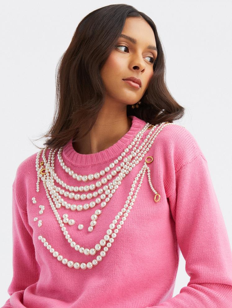 Pearl Embroidered Necklace Pullover - French Pink