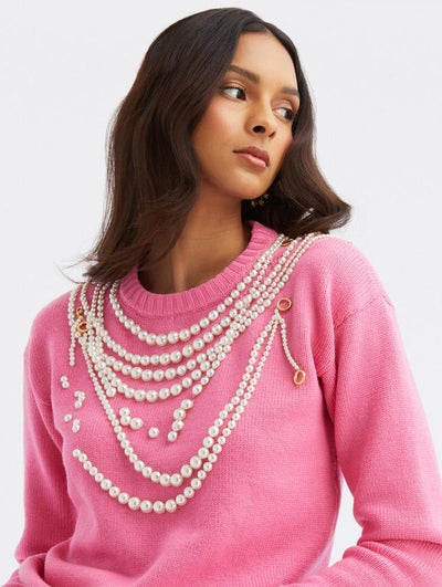 Pearl Embroidered Necklace Pullover - French Pink