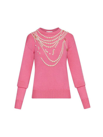 Pearl Embroidered Necklace Pullover - French Pink