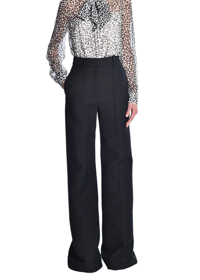 Silk Wool Cuffed Hem Wide Leg Trouser - Black