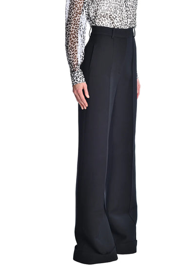 Silk Wool Cuffed Hem Wide Leg Trouser - Black