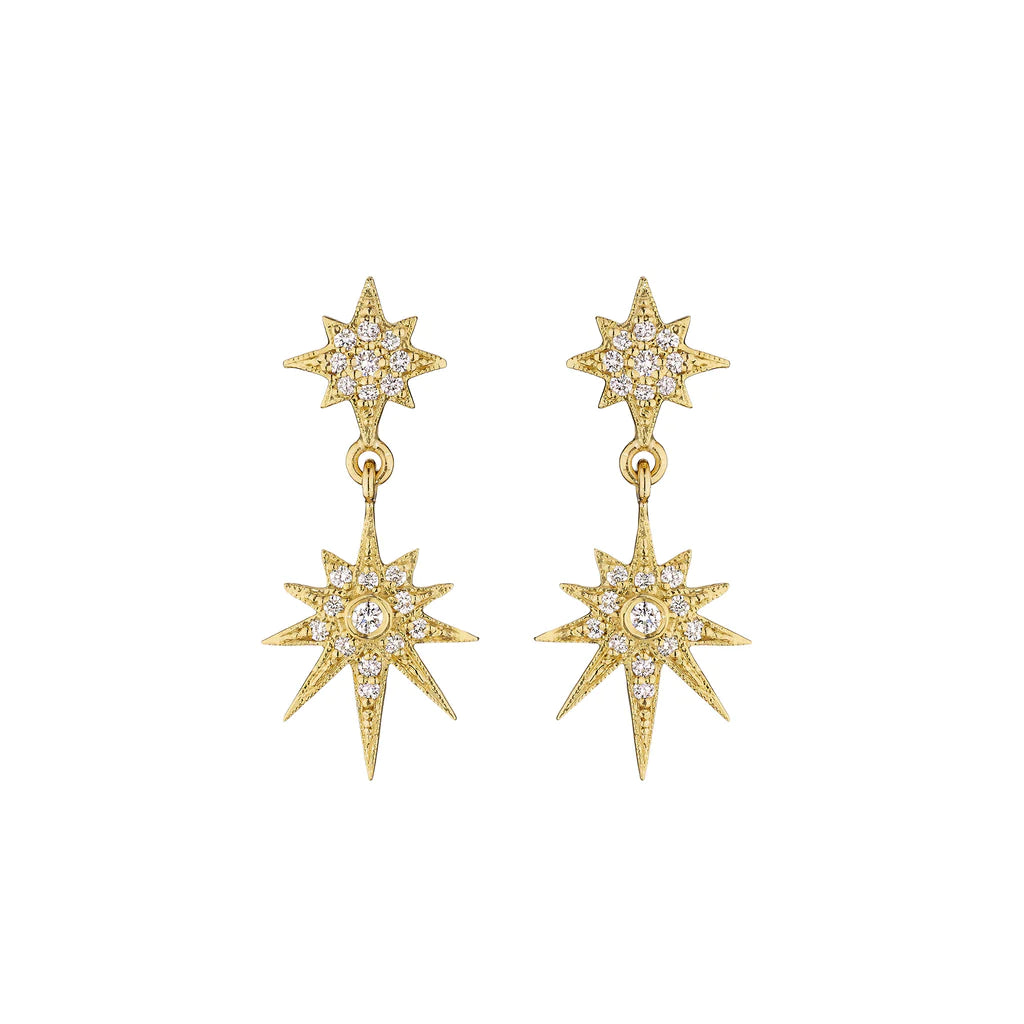 18K Petite Double Starburst Drop Earrings - Yellow Gold