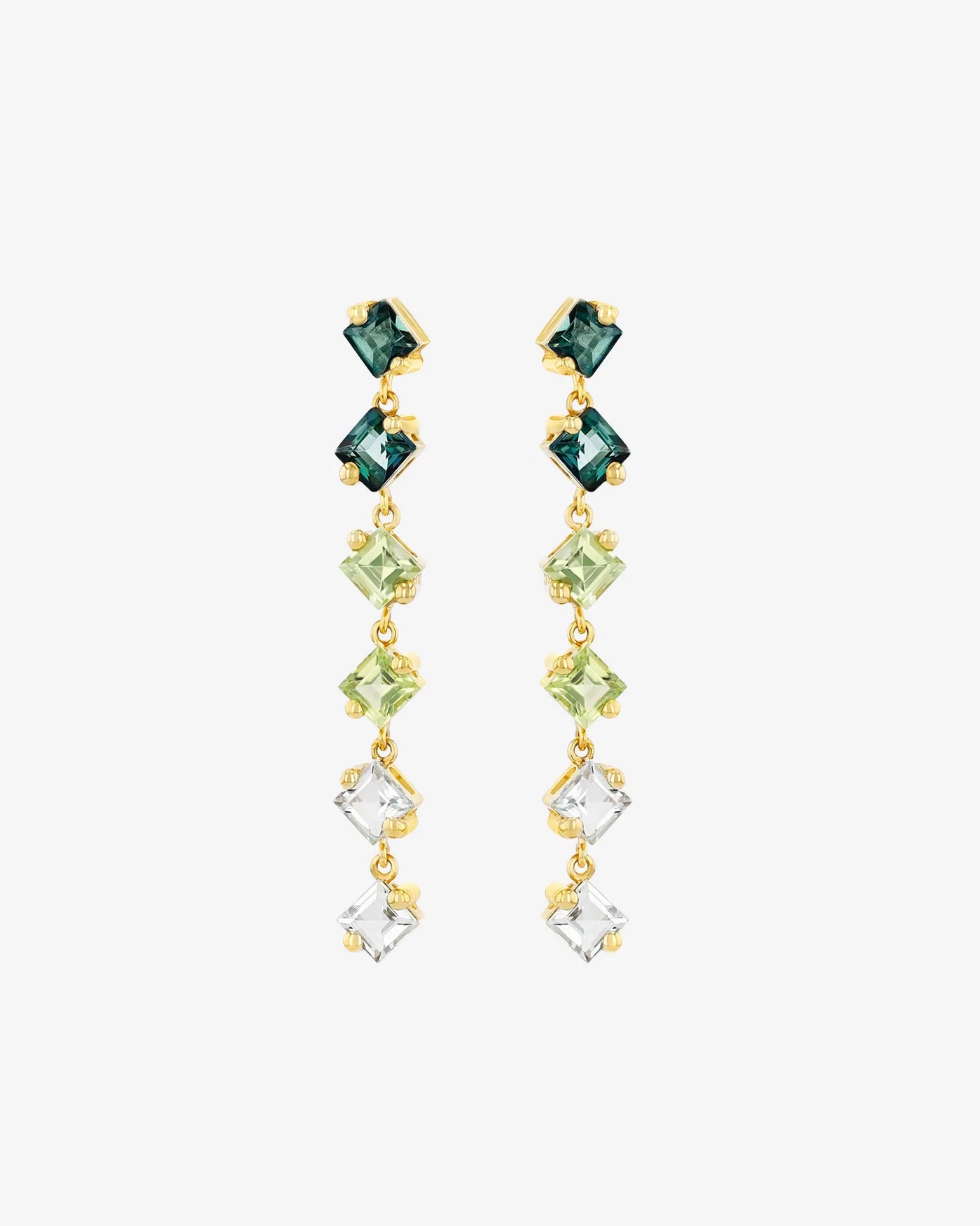 amalfi princess cut green ombre midi drop earrings- yellow gold