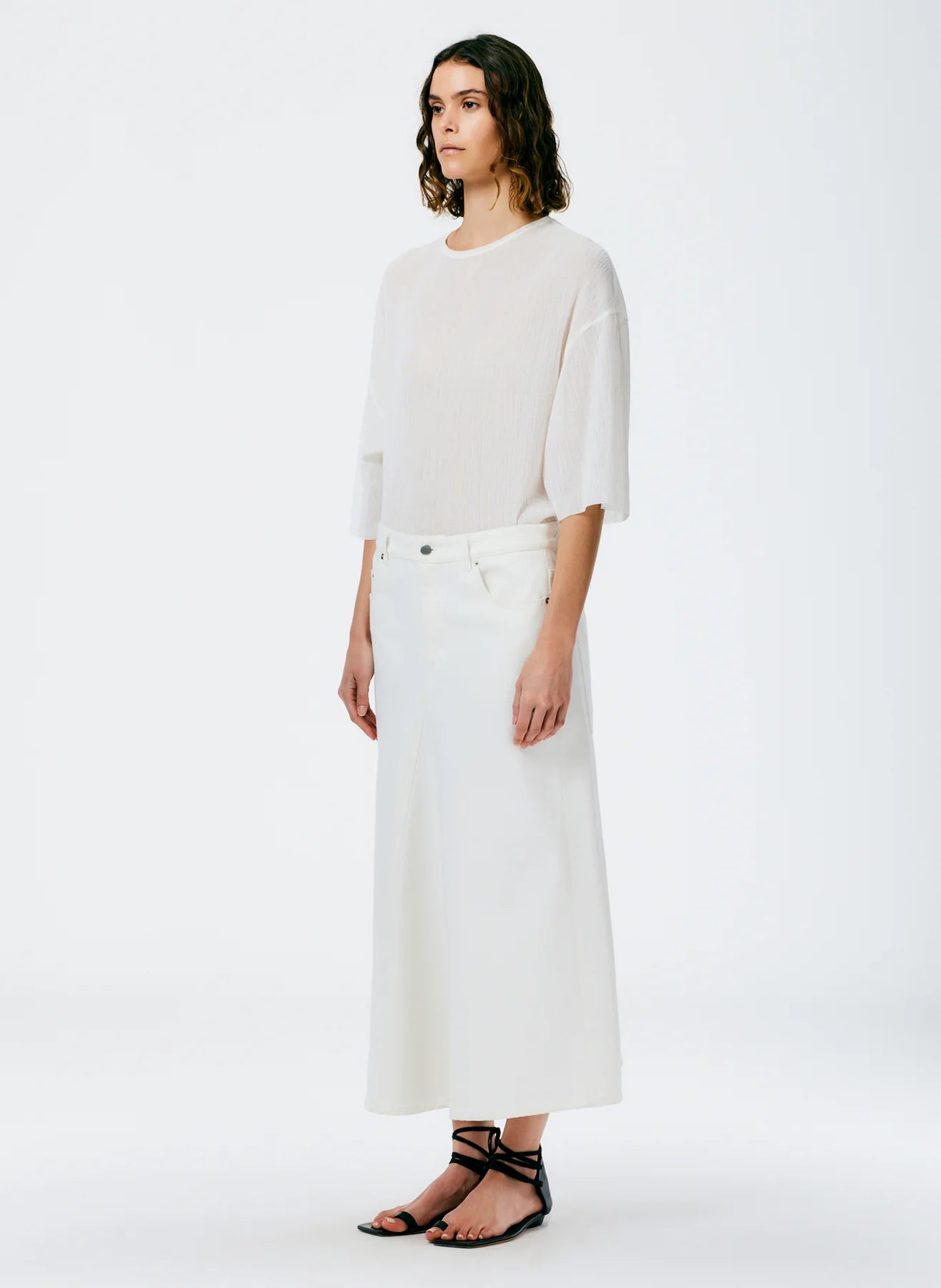 Denim Godet Midi Skirt - White
