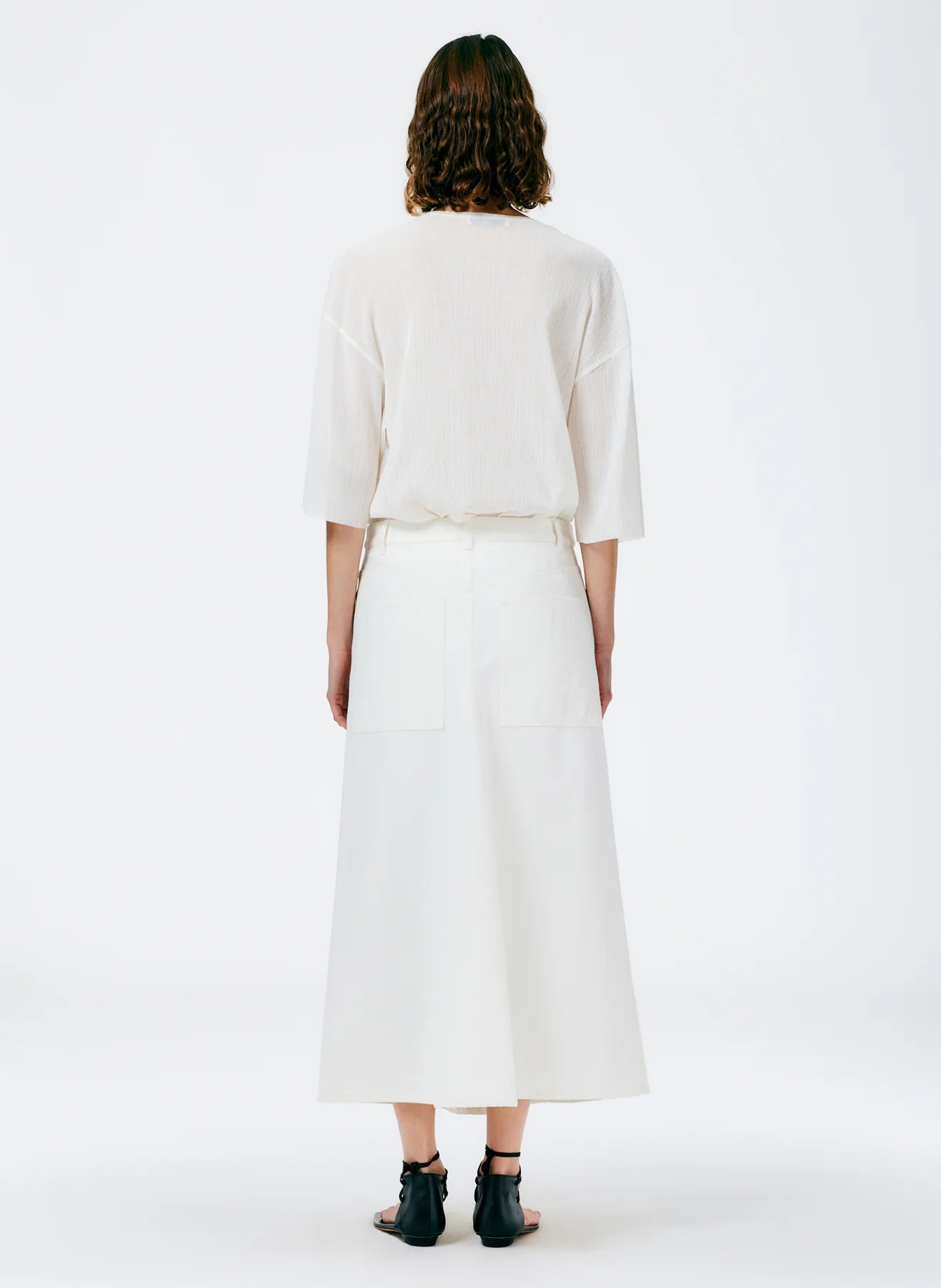 Denim Godet Midi Skirt - White