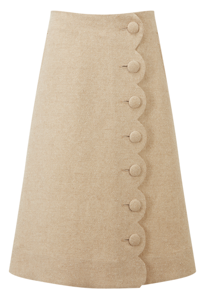 Scallop Button Down Linen Skirt - Natural