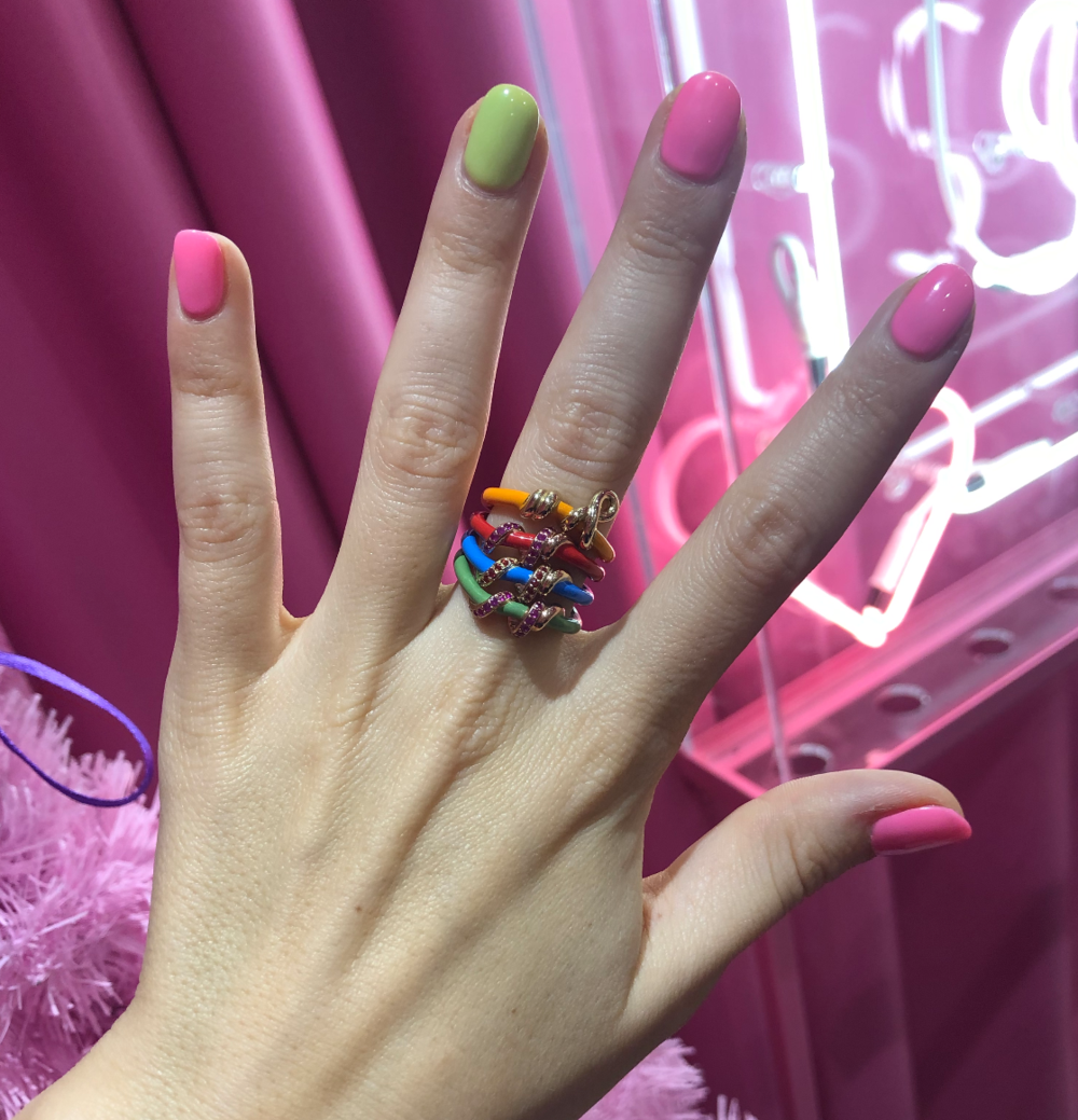 Pave Baby Vine Stacking Ring - Green/Fuchsia Sapphire
