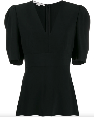 V-neck Puff Sleeve Blouse - Black