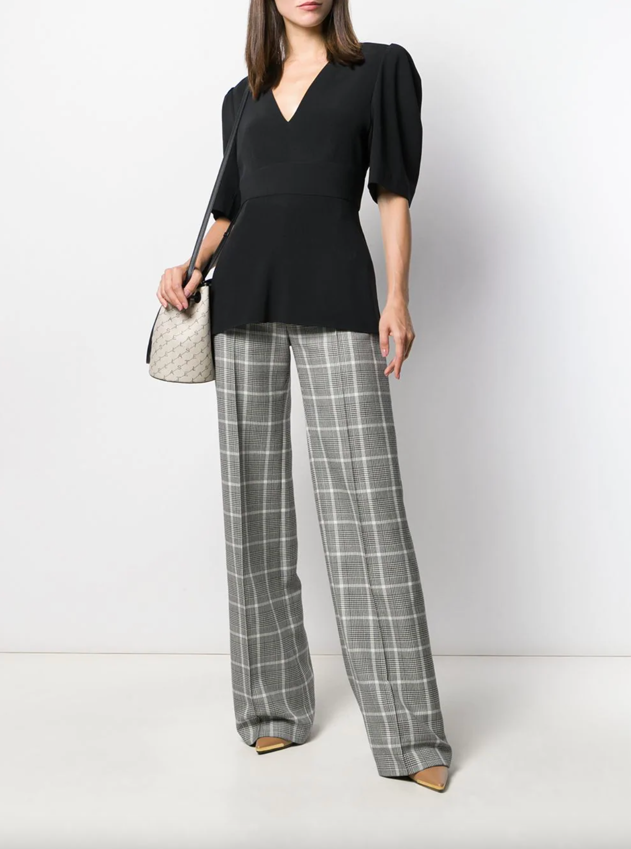 V-neck Puff Sleeve Blouse - Black