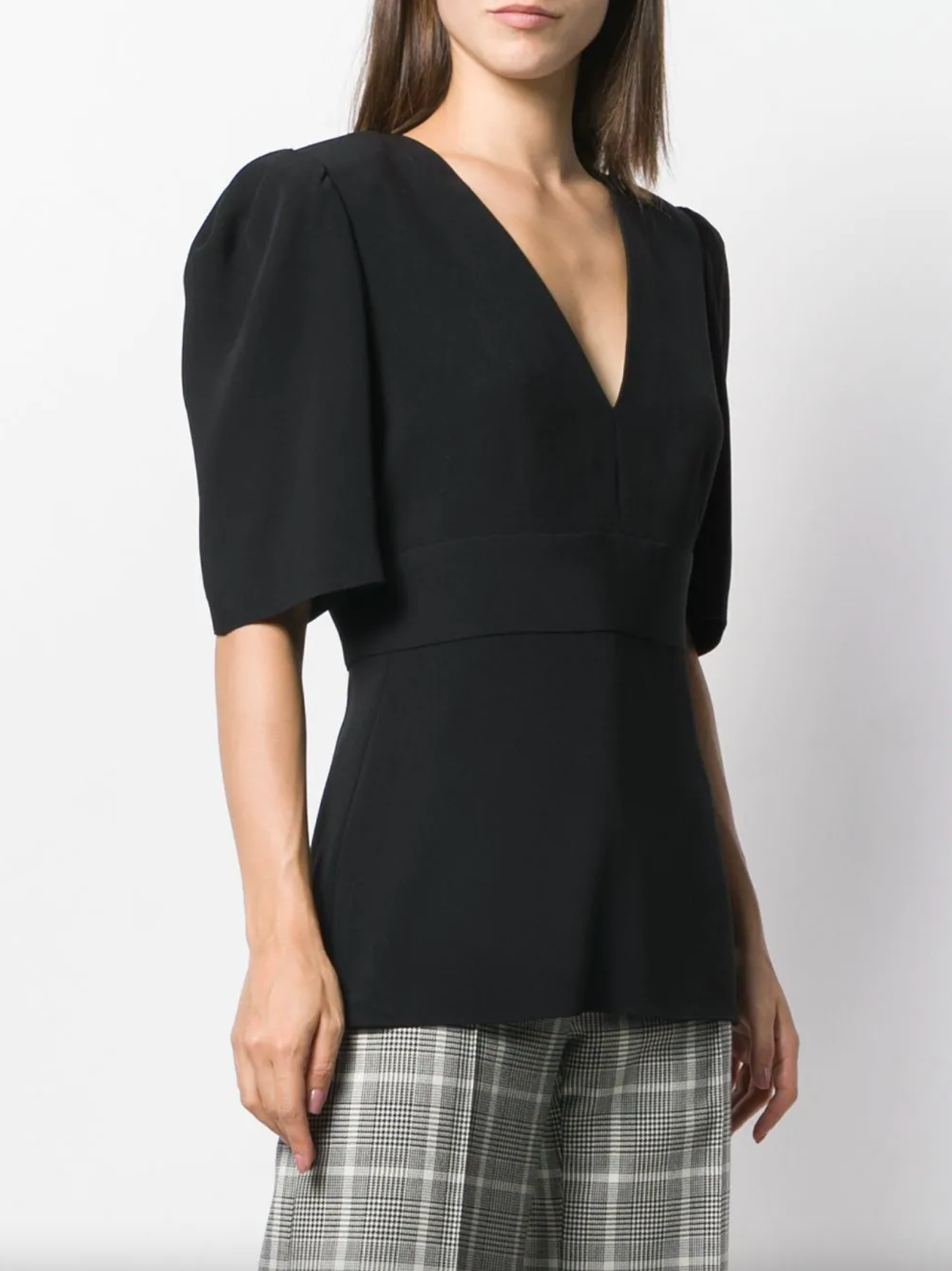 V-neck Puff Sleeve Blouse - Black