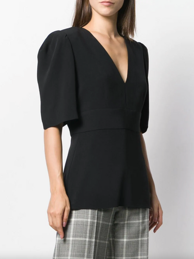 V-neck Puff Sleeve Blouse - Black