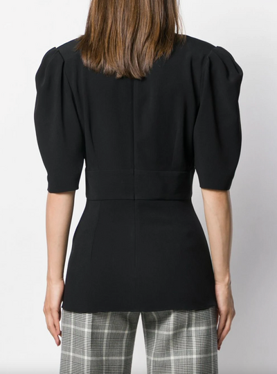 V-neck Puff Sleeve Blouse - Black