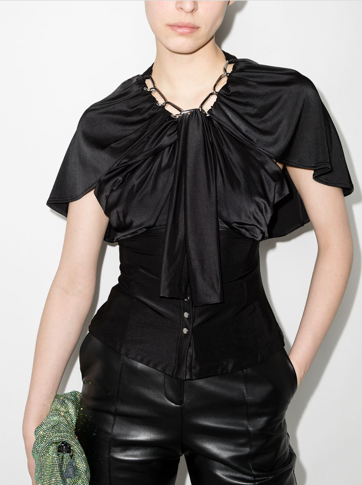 Chain-embellished Draped Sleeves Blouse - Black
