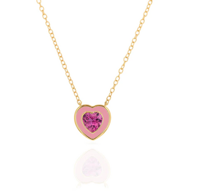 Light Pink Enamel and Pink Tourmaline Heart Necklace