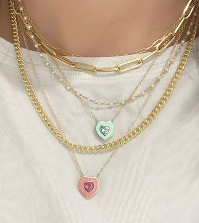 Light Pink Enamel and Pink Tourmaline Heart Necklace