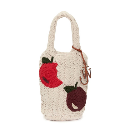 KNITTED SHOPPER TOTE BAG WITH APPLE MOTIF - Beige Multi