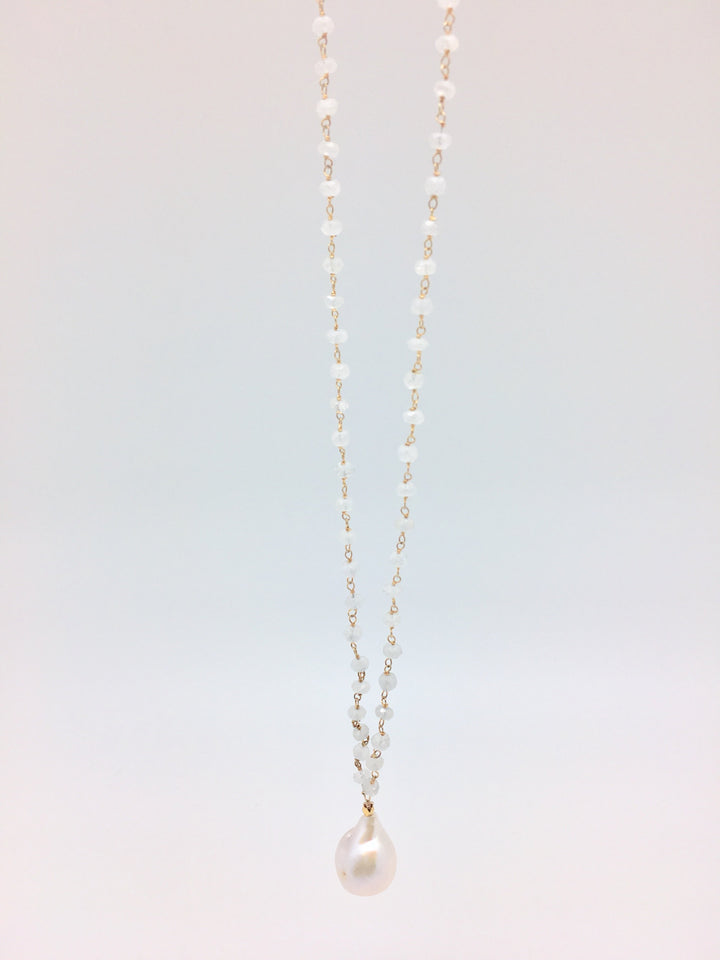 Diddi Long Necklace - White Moonstone/White Baroque Pearl