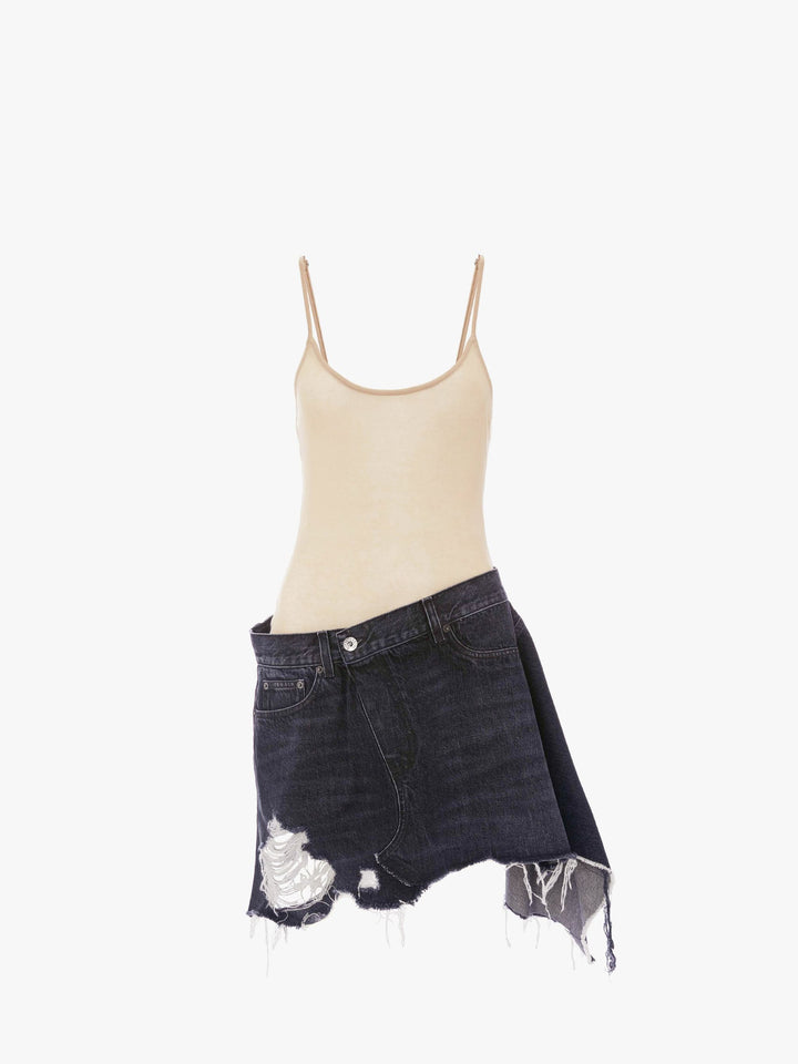 DECONSTRUCTED HYBRID DENIM SHORT DRESS - Denim/Beige