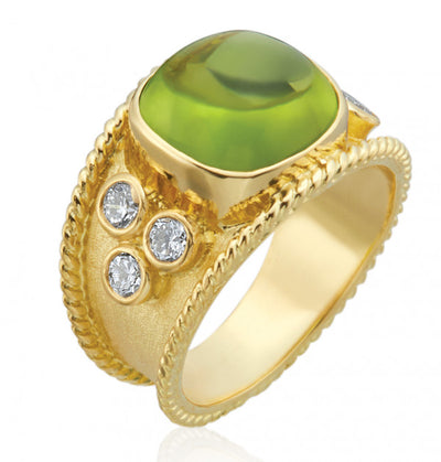 Peridot Cabochon Florentine Textured Ring - Green Gold