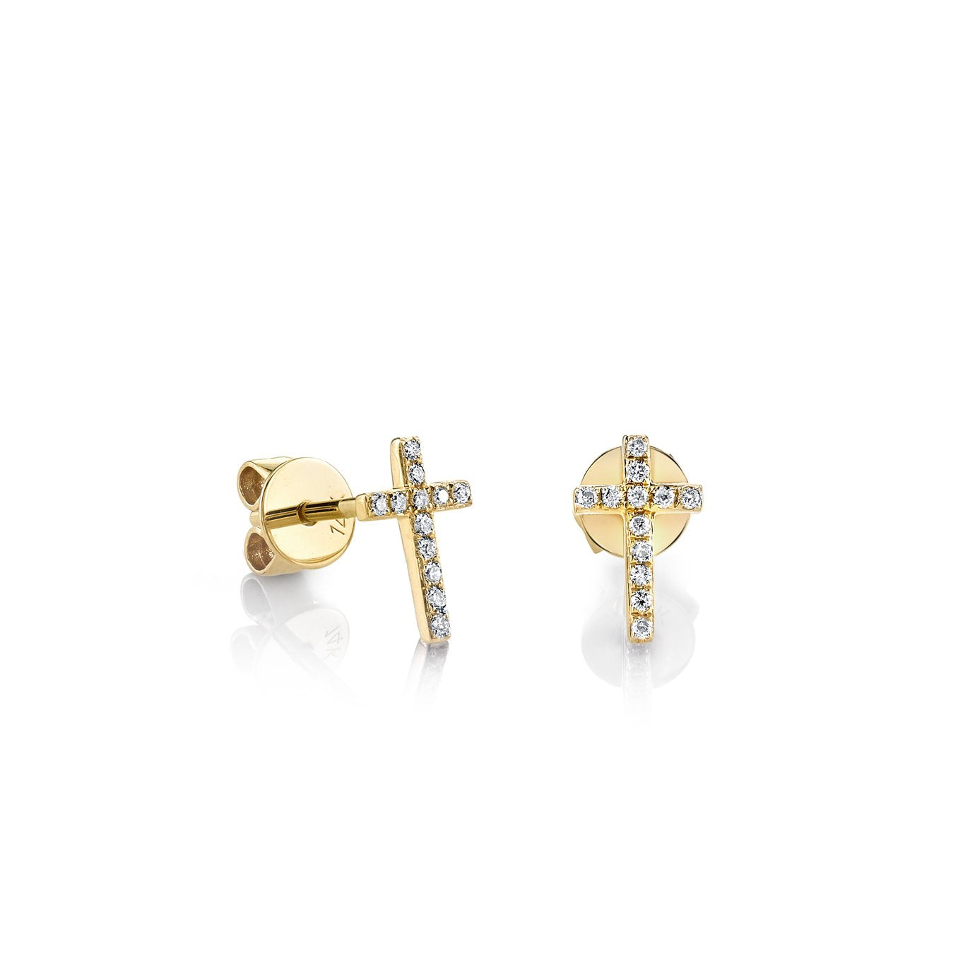 14K Small Diamond Cross Stud Earrings - Yellow Gold